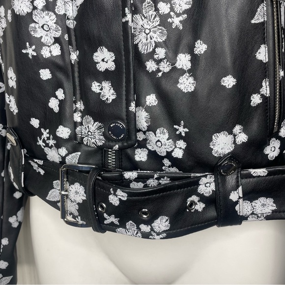 Michael Michael Kors Moto Jacket M Black White Flowers Floral Faux Leather - Picture 4 of 10